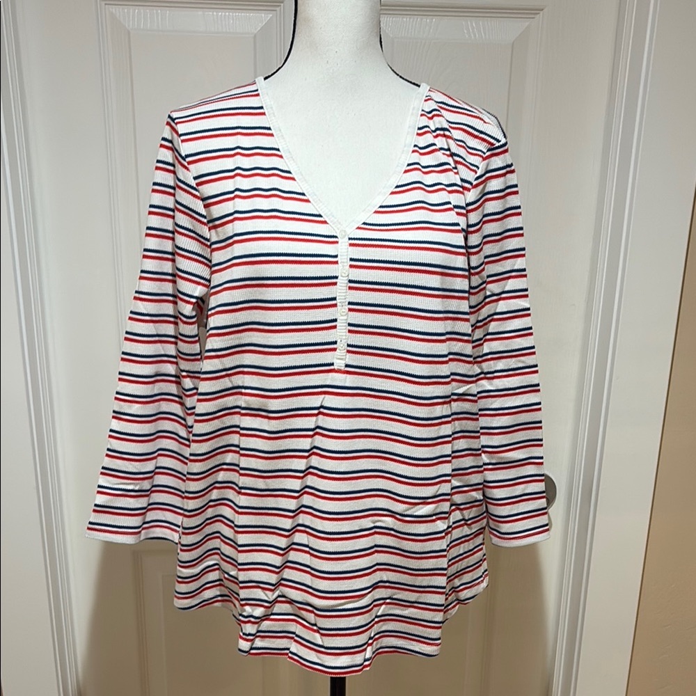 Striped V-Neck Women's Top - Red and White